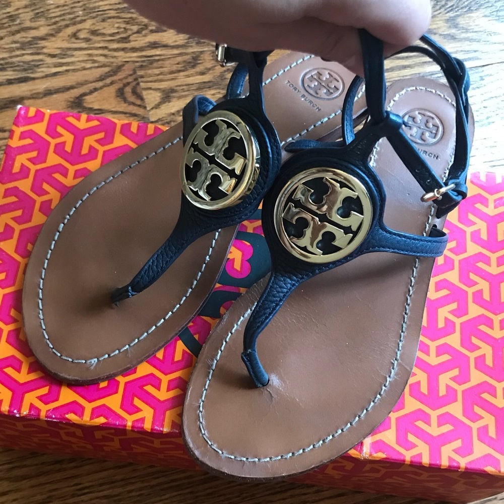 Tory Burch Blue Leather Logo Sandals